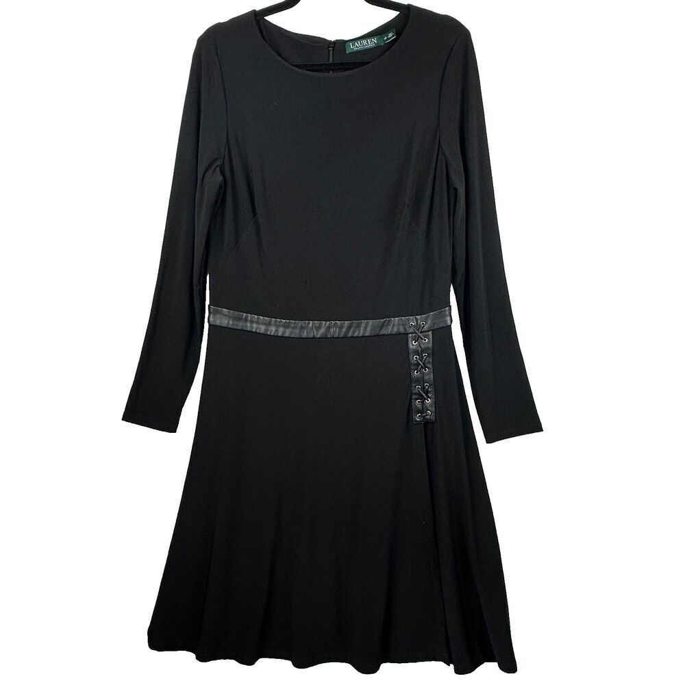 Lauren Ralph Lauren Midi Dress Size 12 Black Leather Trim Goth Viking Ren Faire